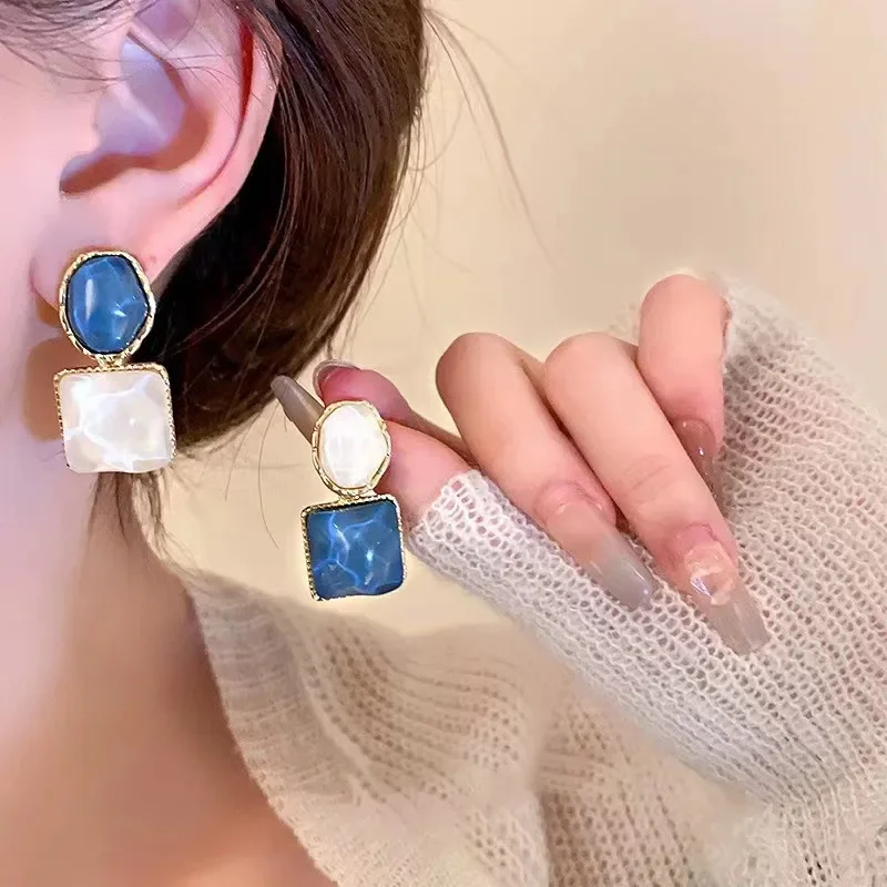 Hyperbole Asymmetric Blue Color Water Ripple Big Square Geometry Rhombus Pendant Earrings for Women Girl Jewelry Accessories