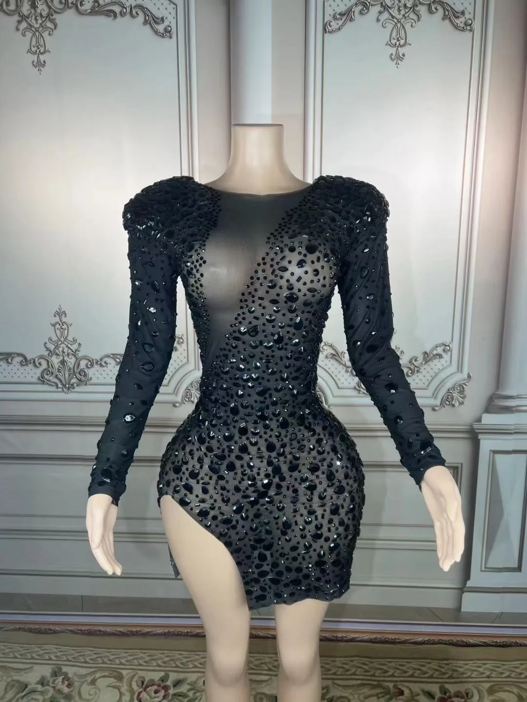 

Black Long Sleeves Shining Rhinestones Sexy Asymmetrical Dress For Women Nightclub Party Birthday Clothing Singer Stage Costumes