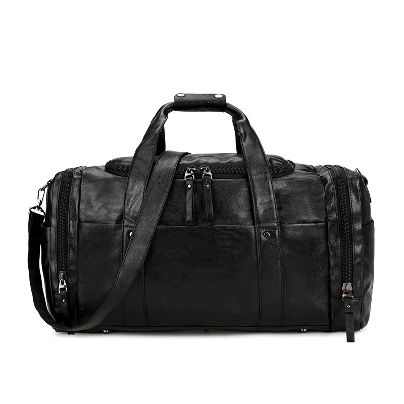 Bolsa de viaje de cuero PU para hombre, bolso de mano de fin de semana, bolsa de equipaje de gran capacidad, nueva bolsa de hombro negra para hombre