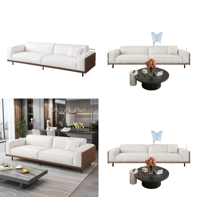 for Chinese Ancient Style Tofu Block Leather Sofa Living Room Retro First Layer Cowhide Walnut Solid Wood Straight Row