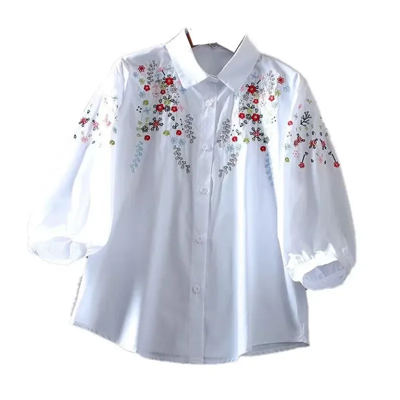 Pure Cotton Shirt Women\'s  Blouse Embroidered Floral Shirt Retro Loose Lantern Sleeve Blouses 3/4 Sleeve Leisure Literary Shirts