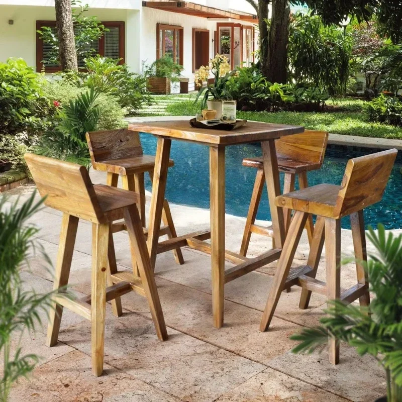 Rustic modern set teak bar stool, metal frame with square antique wood seat, commercial bar dining room living room furniture