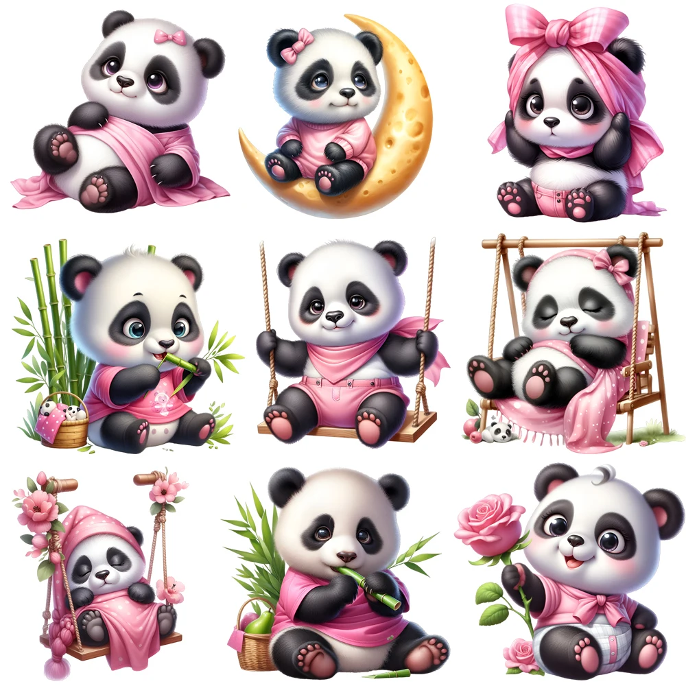 Kid Cute Flower China Panda Iron On Heat Transfer Stickers For Clothes DTF Pinted Vinyl Thermal Appliques Washable T-Shirt Decal