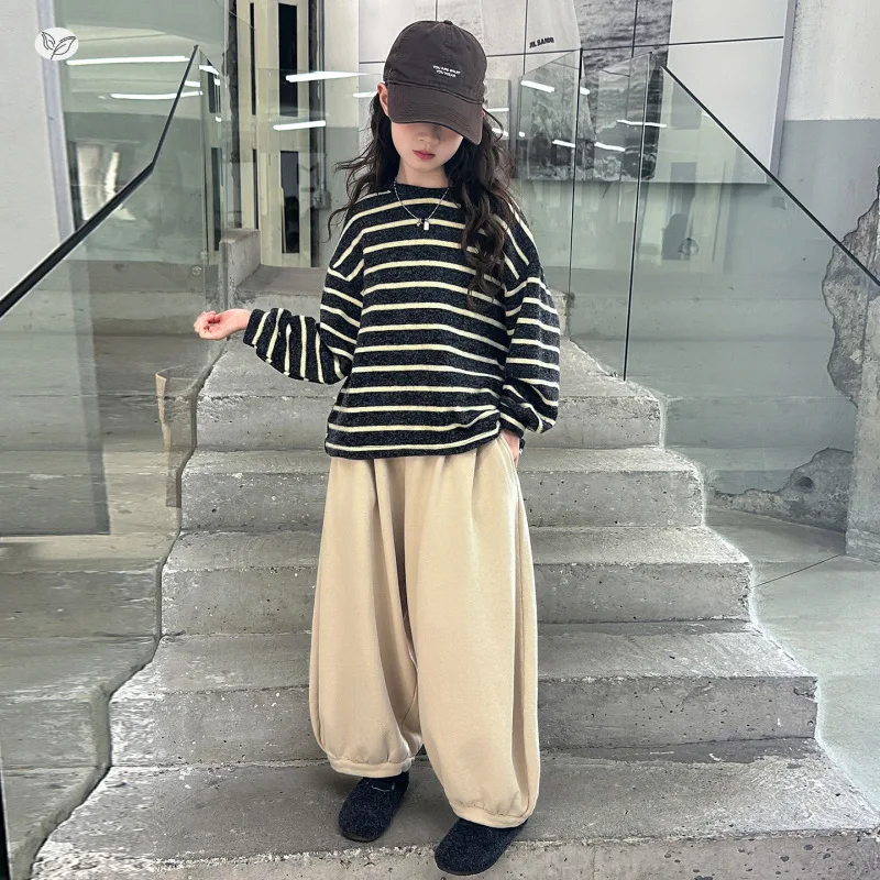 ملابس الفتيات لخريف وشتاء 2025 مع قلنسوة مخططة بأكمام طويلة تي شيرت فستان مراهق للأطفال فضفاض 4 6 7 8 9 10 11 12 سنة