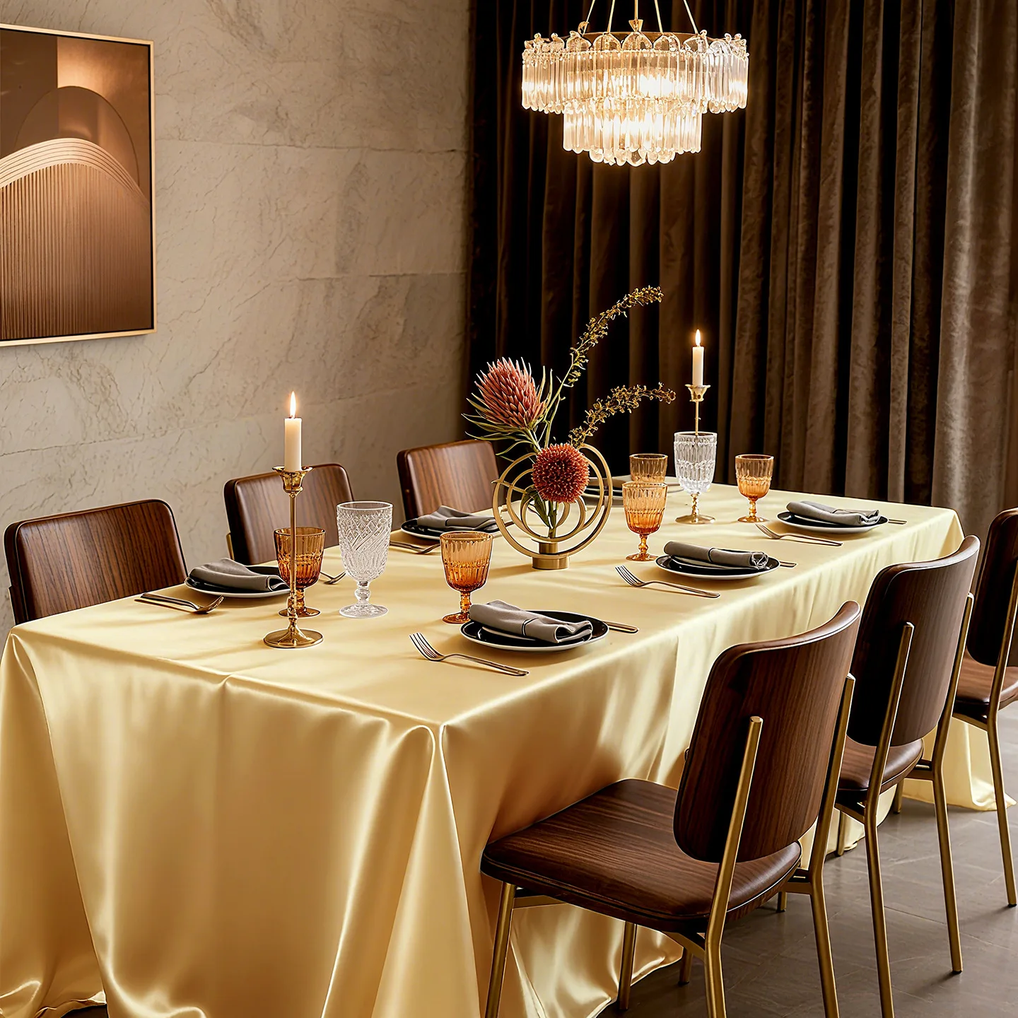 Champagner-Gold Satin-Tischdecke, Nordischer Stil Elegante Hochzeits-Tischabdeckung, Staubdicht, für Esszimmer, Geburtstagsfeier, Tischdekoration – Detail 15