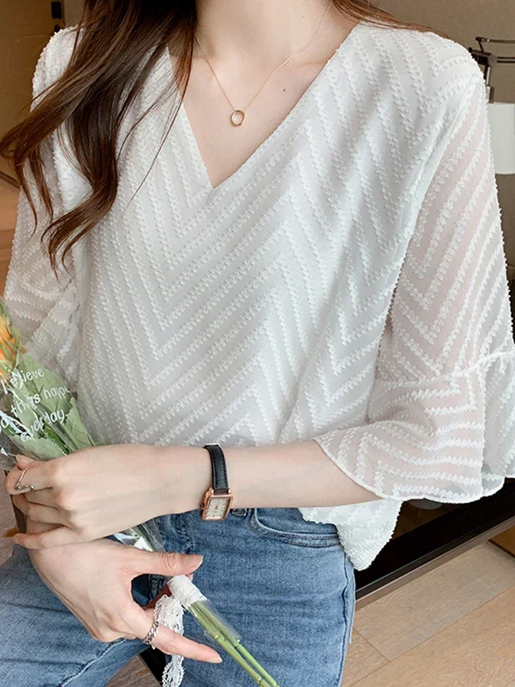 New Summer Short Sleeve Blouse Women V-Neck White Chiffon Women Blouse Shirt Tops Blouses Blusas Mujer De Moda 2024 Verano E688