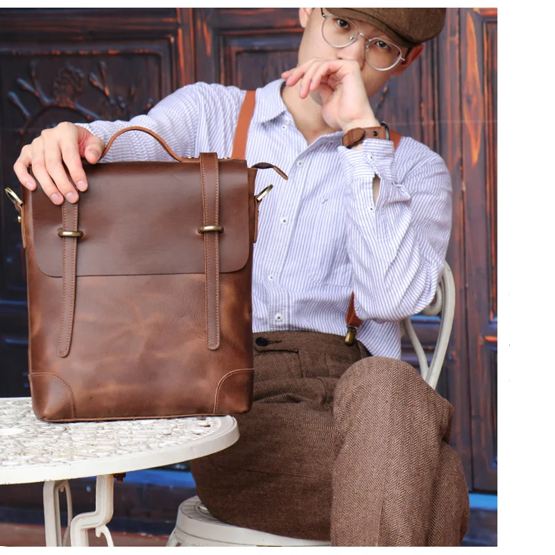 Tas Cambridge Gaya Inggris Retro Tas Messenger Kulit Sapi Crazy Horse Desain Fashion Tas Tangan Kulit Tas Tablet 12 Inci