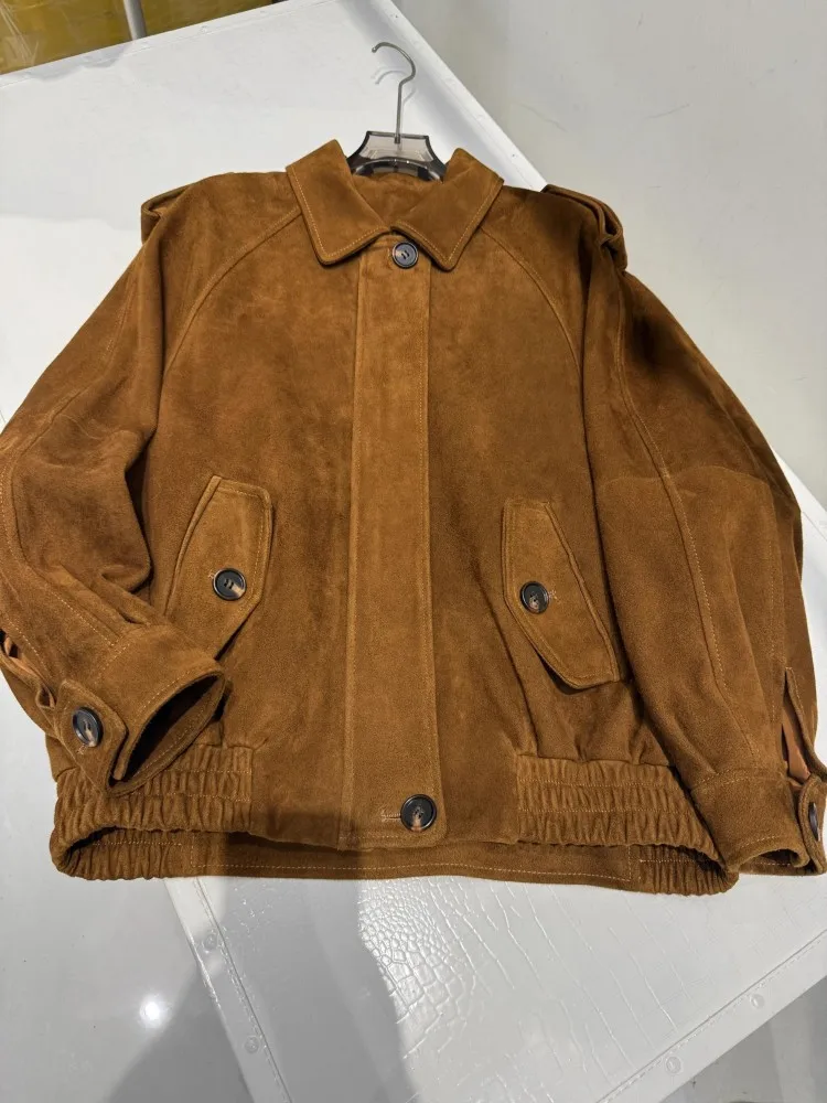 Vintage Lose Fit High Street Casual Frauen Echtes Leder Jacke Frühling Herbst Dame Hohe Qualität Wildleder Ziegenleder Motorrad Mantel