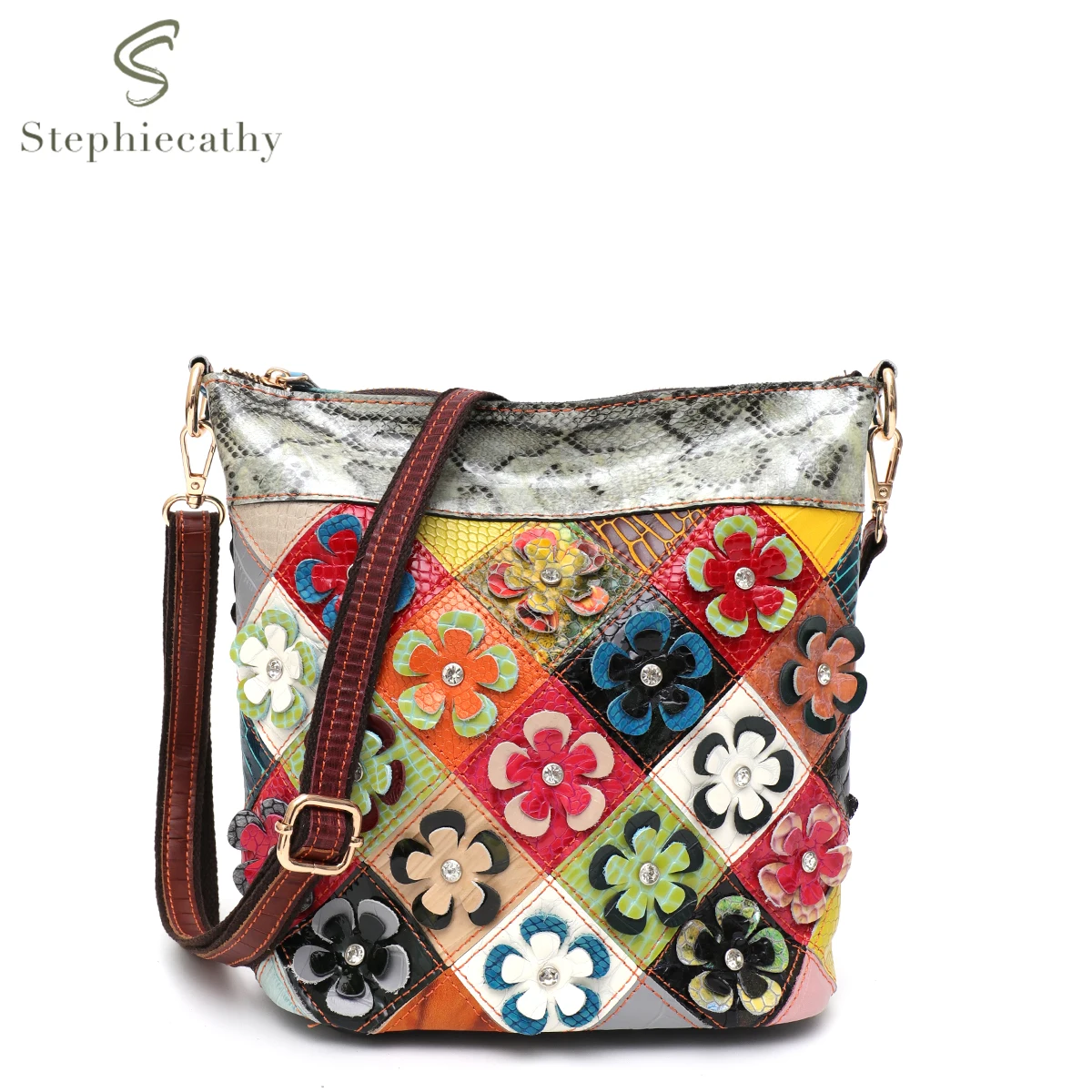 SC Vintage Colorful Leather Shoulder handbag for Women Casual Handmade Random Color Cowhide Flowers Bucket Boho Cross body Bag