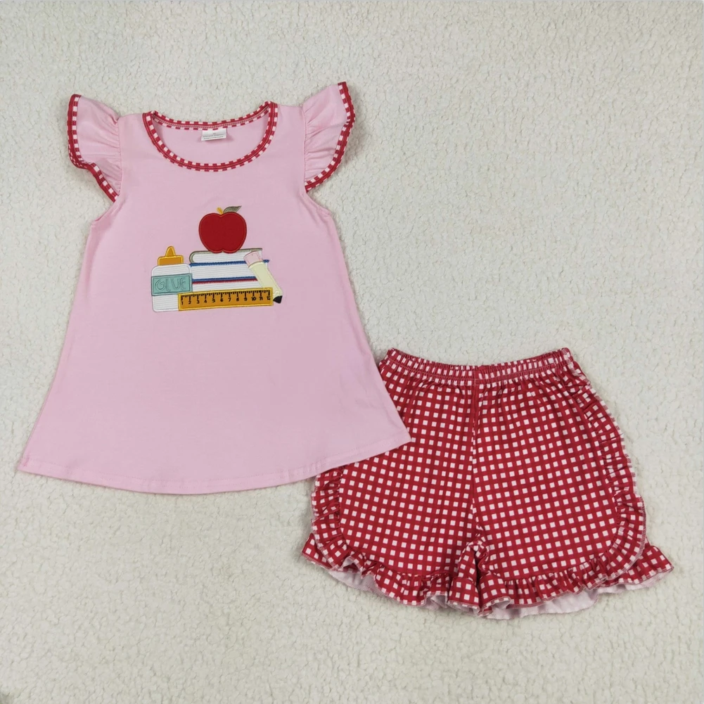 

Wholesale Hot Sale Boutiuqe Outfits Baby Girls Embroidery Baby Girls Apple Back To School Books Toddler Kids Clothes Sets
