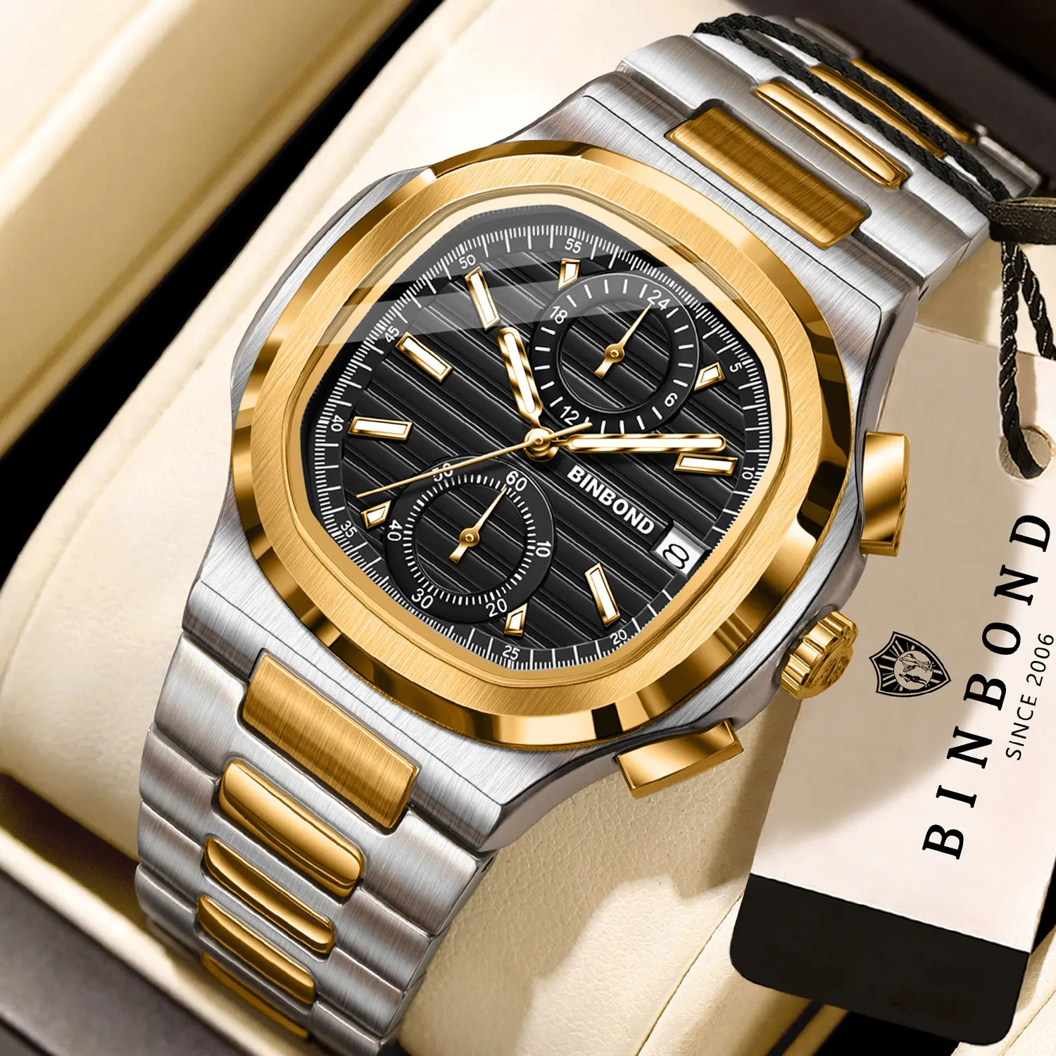 BINBOND Casual Reloj Auto Date Precise Quartz Watch For Men Luxury Luminous Waterproof Chronograph Sturdy Men's Watches