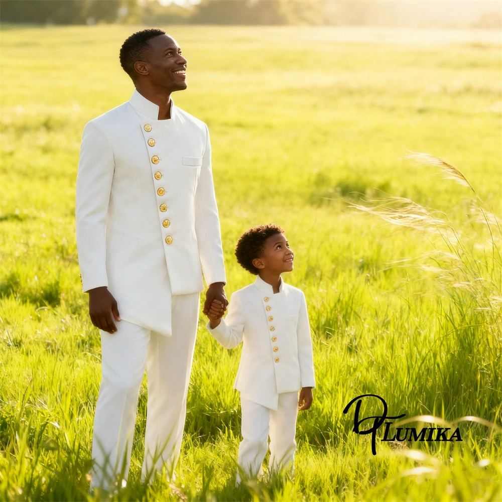 بدلة DTLumika مكونة من قطعتين للرجال والأطفال، طقم بدلة للأب والابن بأزرار ذهبية، ياقة واقفة، بدلة مخصصة لضيوف الزفاف