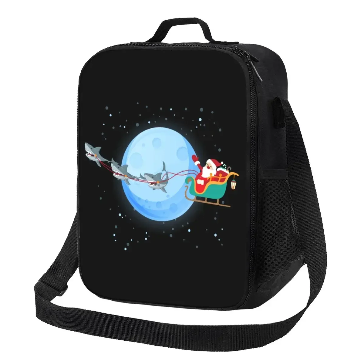 

Humor Claus Thermal Insulated Lunch Bag Merry Christmas Riding Shark Portable Lunch Container for School Storage Bento Box