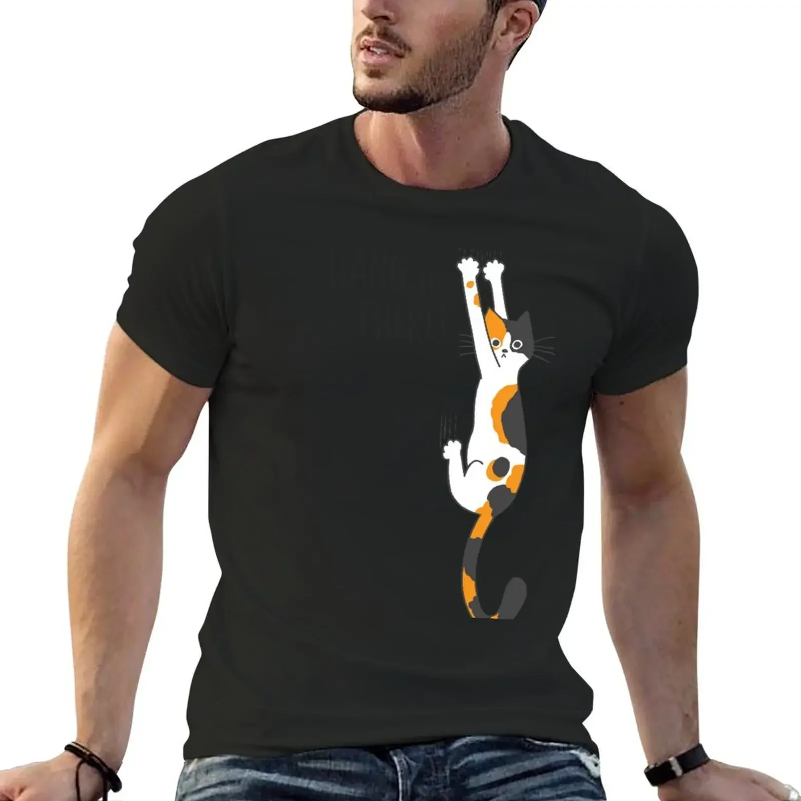 Calico Cat Hanging On Hang In There Funny Cat Holding On T-Shirt oversized boys animal print Men's t-shirt