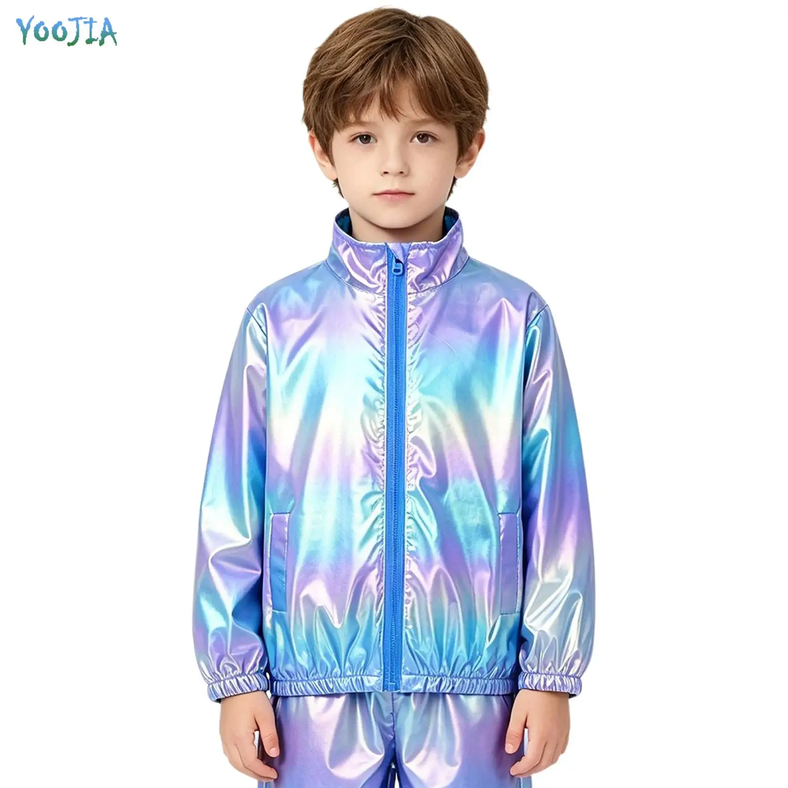 Boys Girls Jacket Coat Metallic Hip-hop Disco Dance Top Long Sleeve Zip-up Lightweight Outerwear with Pockets Street Carnival