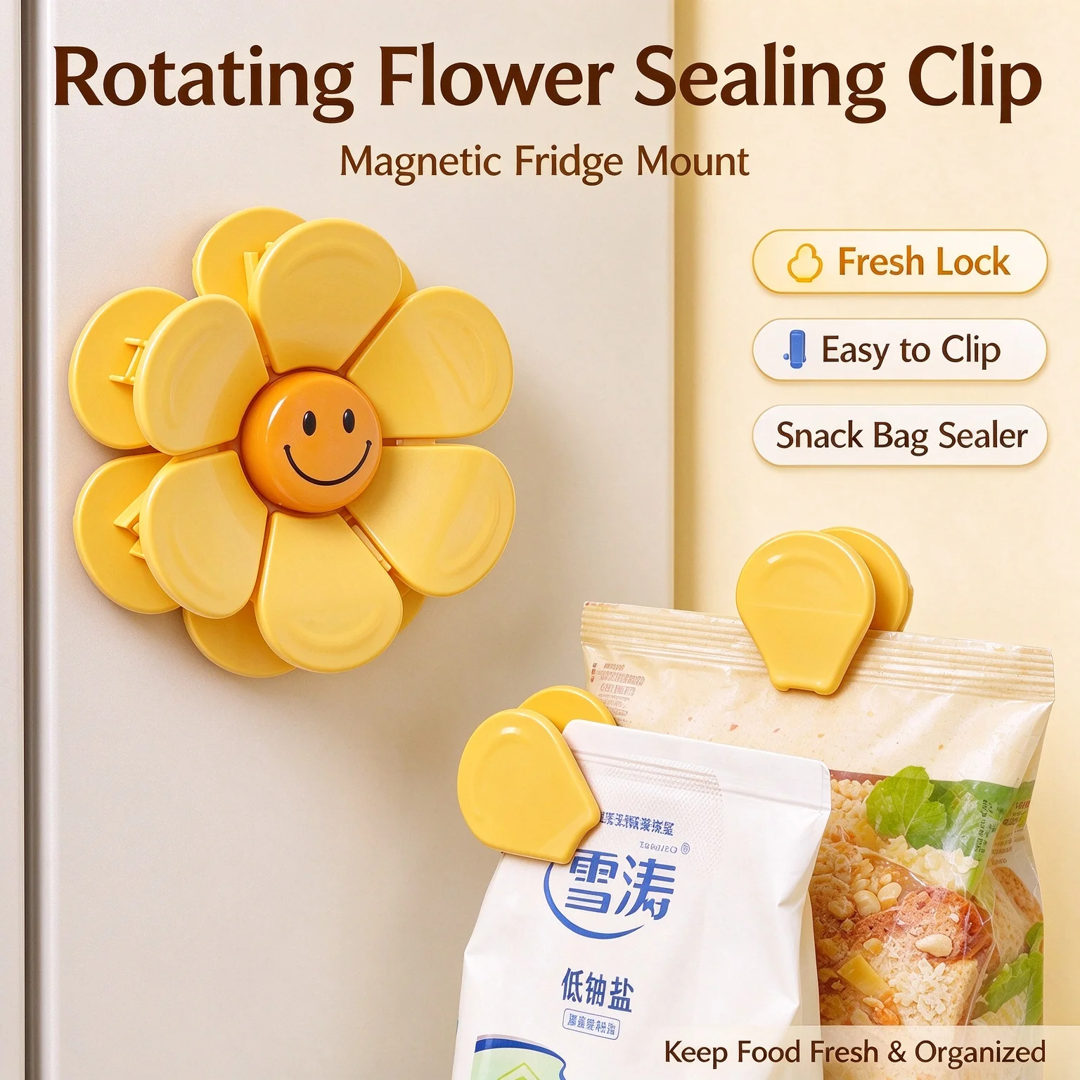 Rotating Flower Clip Magnetic Fridge Magnet Cute Smiley Face Snack Bag Sealer Food Storage Clips Home