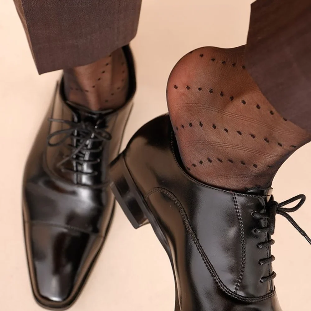 

Polka Dot Twill Mens Stockings Gift Ultra Thin Nylon Thin Transparent See Through Sheer Socks Men Anti-hook Business Dress Socks