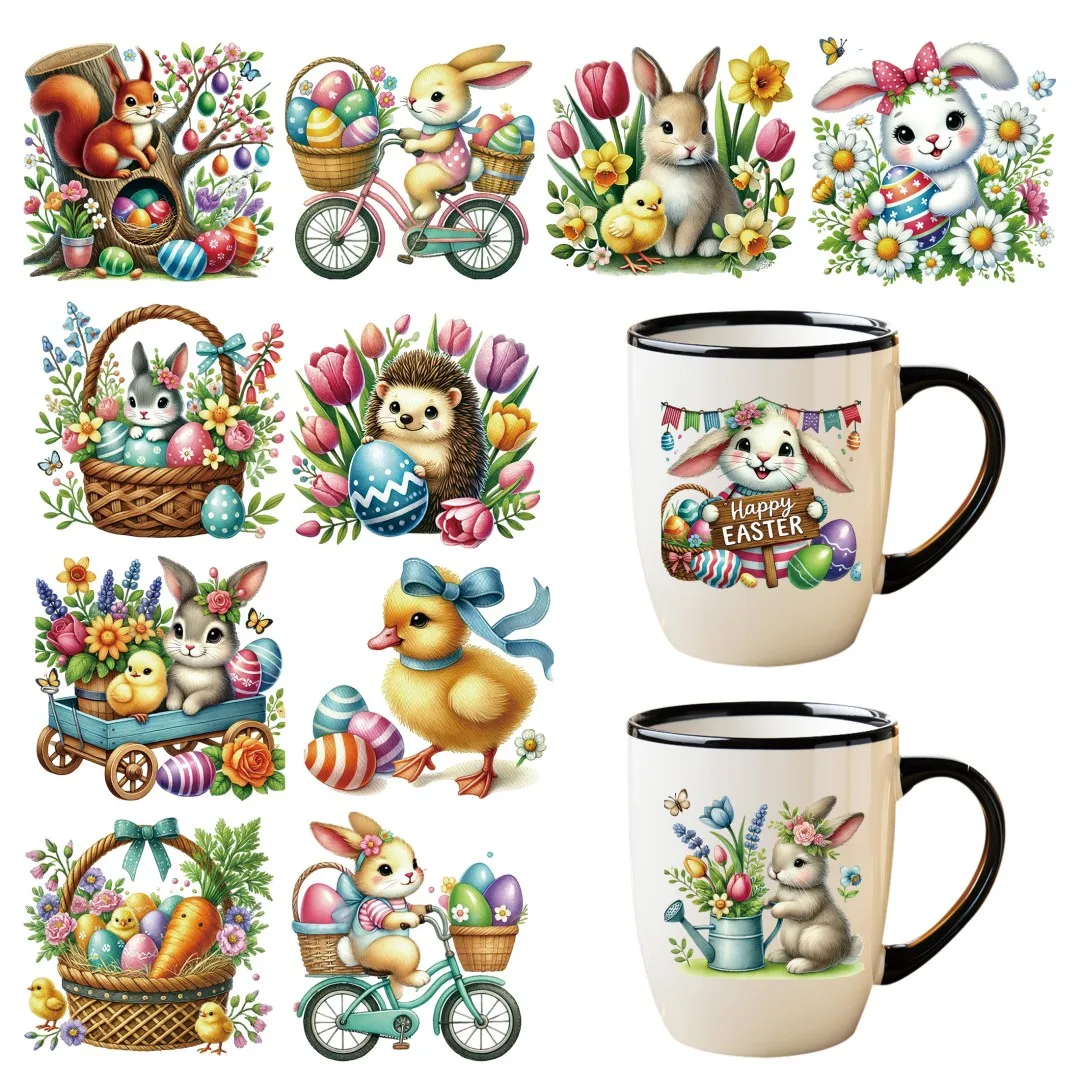 12 stuks aquarel mooie Pasen UV DTF-stickers, waterdicht stickerpakket voor het versieren van mokken, doe-het-zelfbenodigdheden, 3D-huisdecoratie