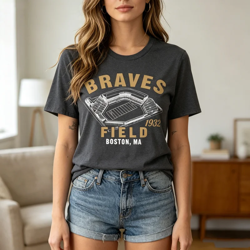 Vintage Boston Sports Tee Braves Field Stadium Print Men Women Cotton Short Sleeve Trendy Baseball Fans