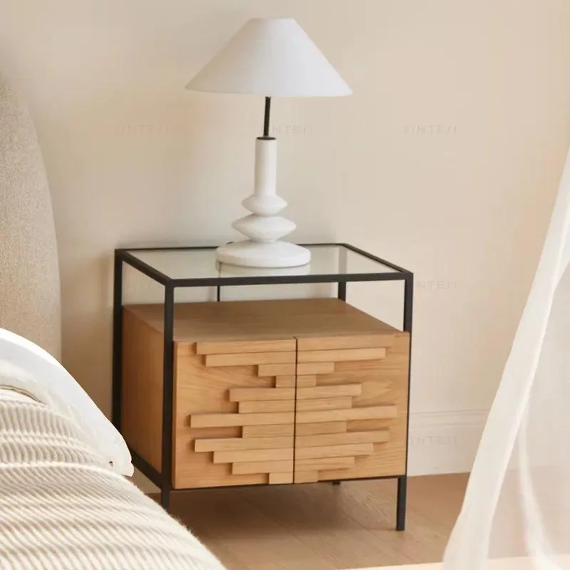Modern Scandinavian Bedside Table Steel Frame Recycled Oak Wood Nightstand Luxury Elegant Bedroom Storage Cabinet Furniture