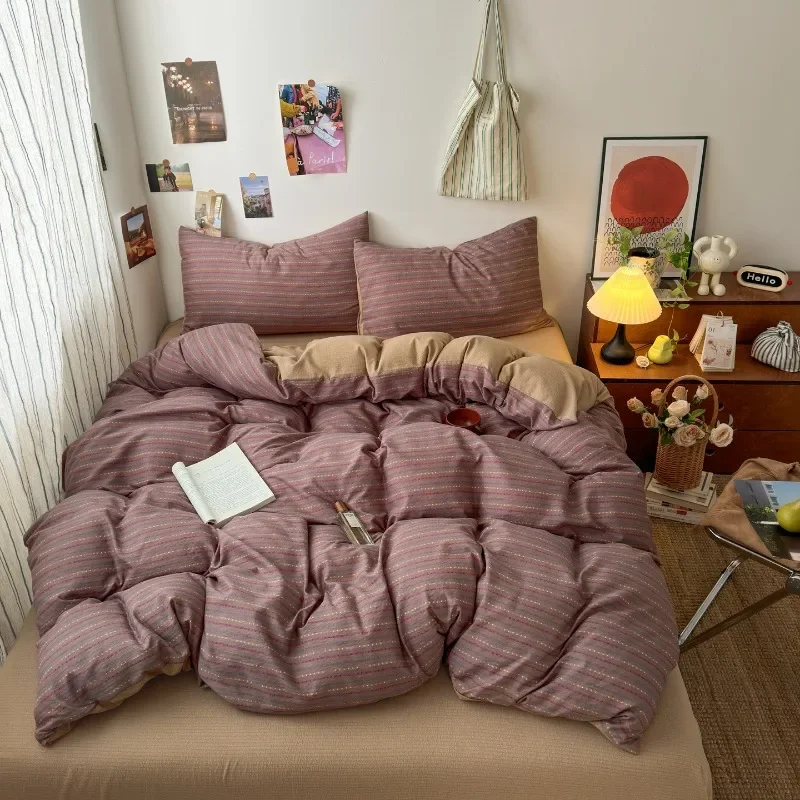 New plaid printing retro cloud double-layer yarn four-piece set, bedding, student dormitory single 3-piece set