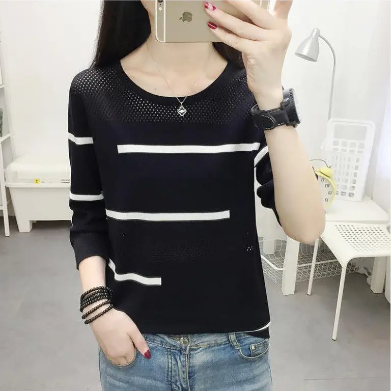 Simplicity Spring Autumn Sweaters Pullovers Women\'s O-Neck Hollow Out Striped Asymmetrical Fashion Loose Long Sleeve Knitted Top