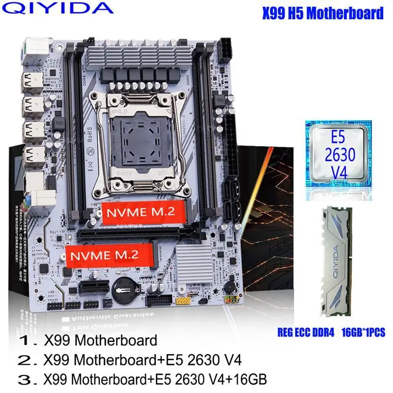 To QIYIDA X99 Motherboard Set Kit With LGA2011-3 Xeon E5 2630 V4 CPU DDR4 16GB REG ECC memory PCI 16x NVME M.2 SATA x99 H5