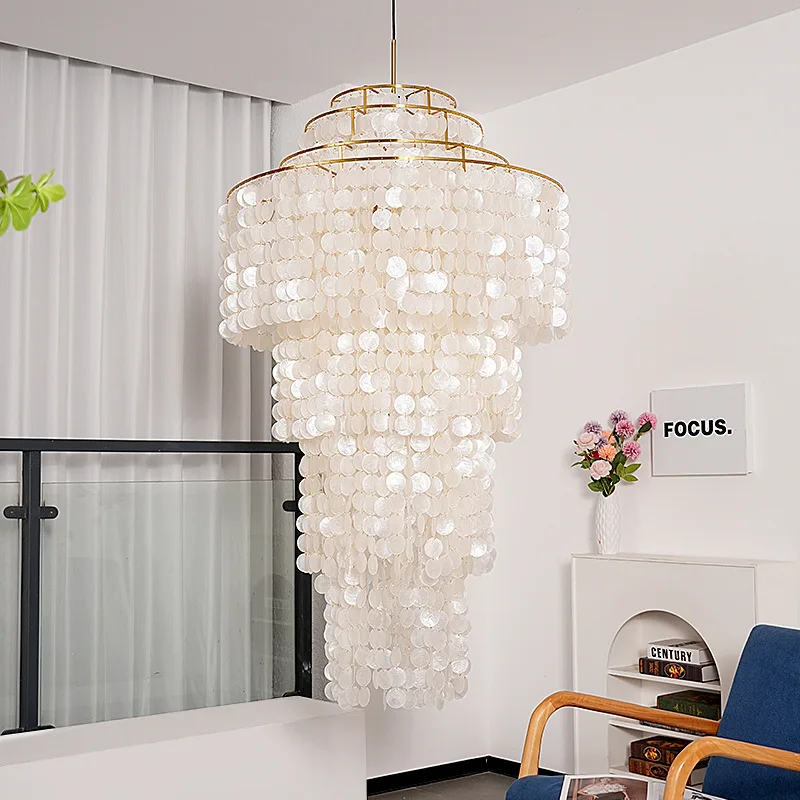 

French duplex staircase long chandelier Shell B & B wedding light wabi-**** cream living room Japanese dining room light