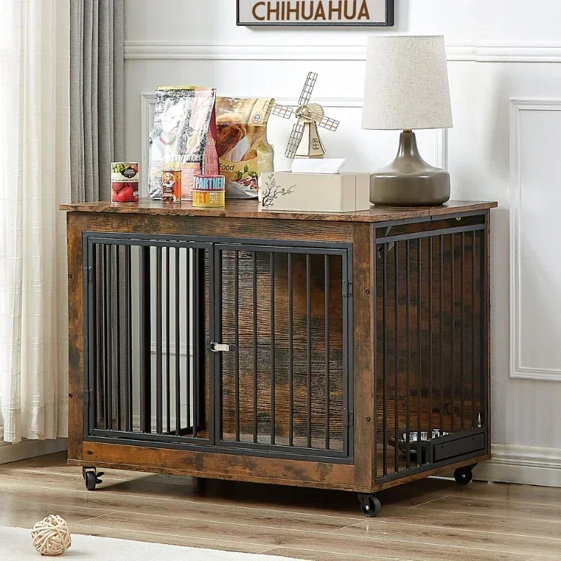 Style Dog Crate Side Table With Rotatable Feeding Bowl Wheels Flip-Up Top Opening Indoor Rustic Brown 38.58