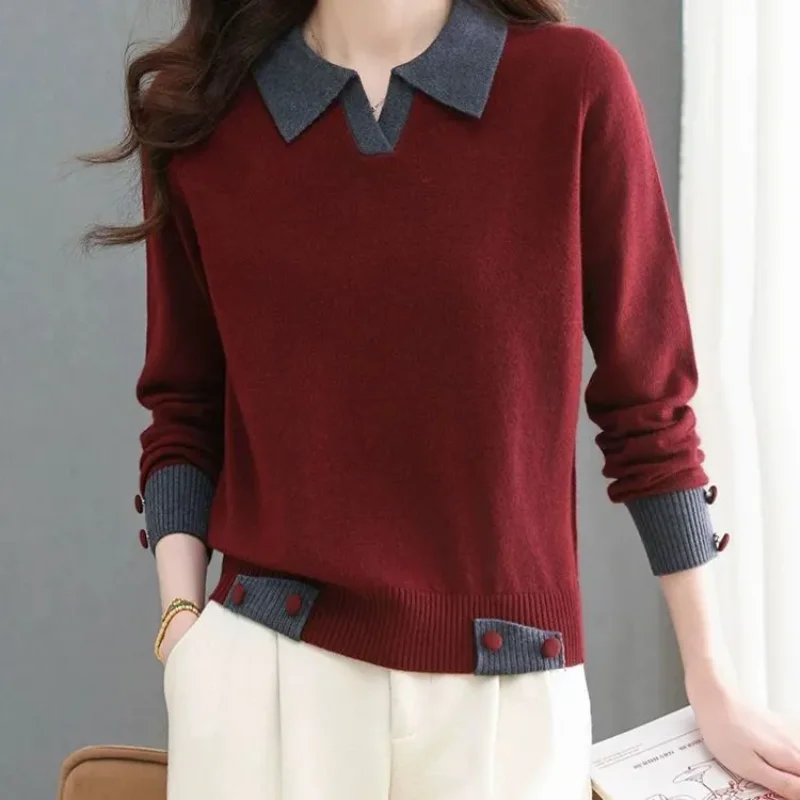 Women Contrast Lapel Collar Knit Sweater Burgundy Color Block Button Decor Loose Elegant Autumn Winter Soft Knitted Base Layer