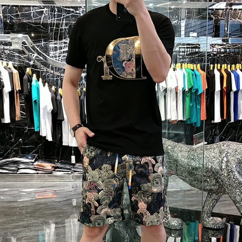 2023 t-shirt z krótkim rękawem w kontrastowym kolorze 2-częściowy garnitur męski garnitur Slim fit bluzki sportowe + spodenki dresowe zestaw dla