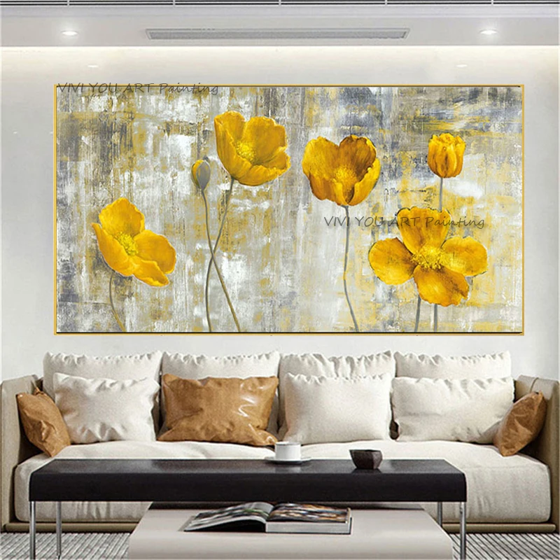 Natural Abstract Wall Decor 100% Handmade Large Yellow Flower Oil Painting on Canvas High Level Wall Art Picture for Living Room