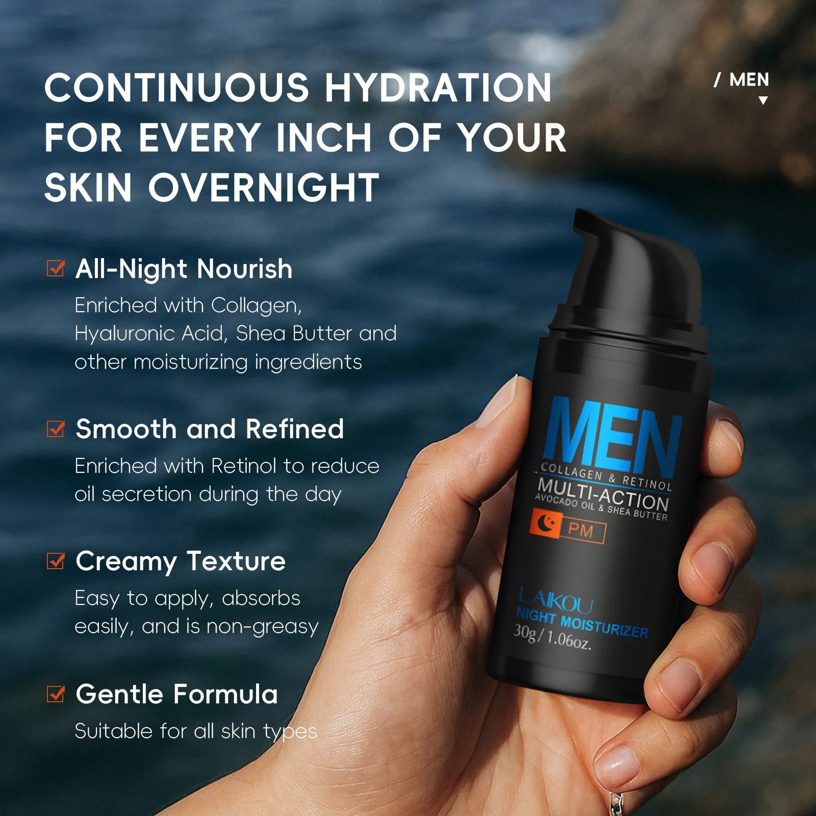 LAIKOU 30g Night Moisturizer for Men, Hydrating Repair Face Cream for All Skin Types, Anti Wrinkle Firming Sleeping Cream