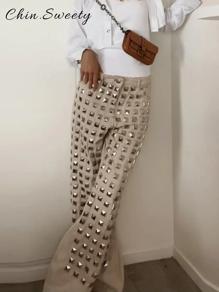 ヴィンテージリベットデニムトラウザーズ レディース 無地ボタンポケット スリムストレートワイドレッグパンツ 2025秋冬 レディース ハイストリートジーンズ