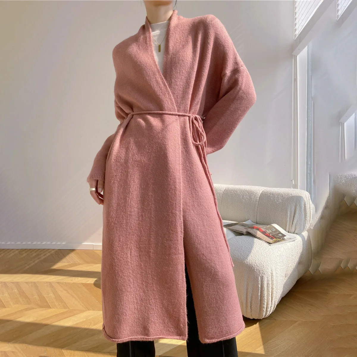 KWTX 2025 New Women's Chic Knit Cardigan Longline V-Neck Belted Waist Solid Color Autumn Winter Cozy Retro Sweater Elegant
