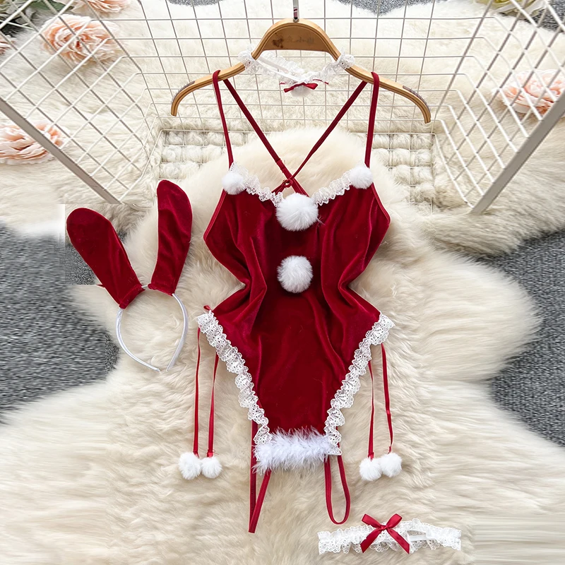 Red Christmas Sexy Lingerie Shawl Set Jumpsuit Tie Up Casual Cosplay Costume Women Clothing Skinny New In Bodysuit Short Suits