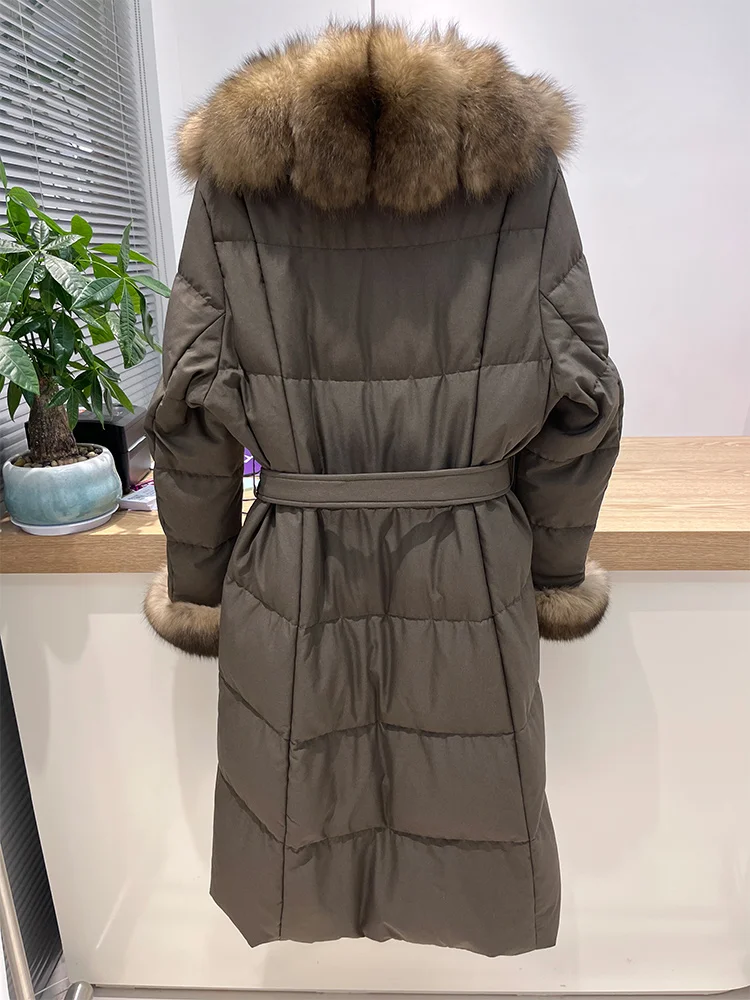 Veste chaude en duvet d'oie pour femme, col en vraie fourrure de renard, longue et épaisse, décontractée, nouvelle collection hiver