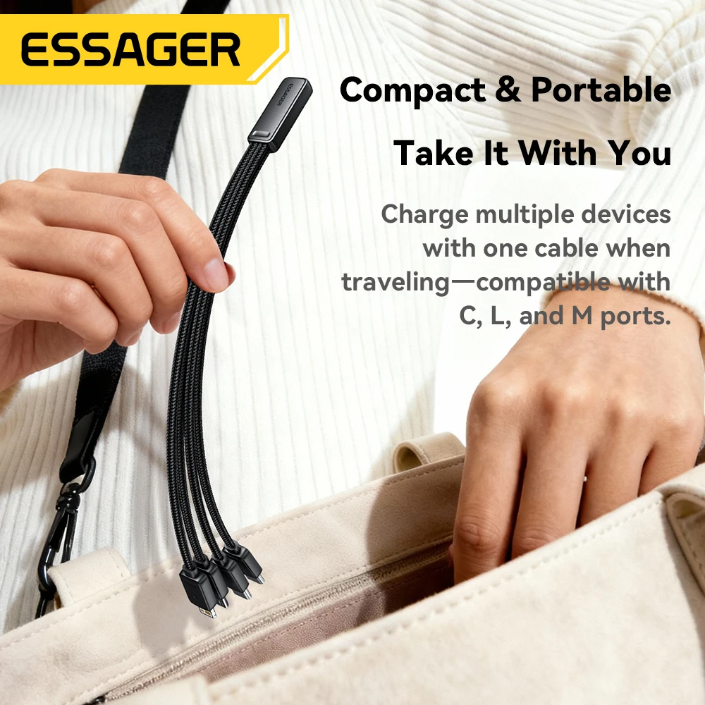 Essager portátil 4 em 1 cabo de carregamento rápido para viagens tipo c fêmea para cabo multi usb com 2 tipo c, micro, adaptadores relâmpago