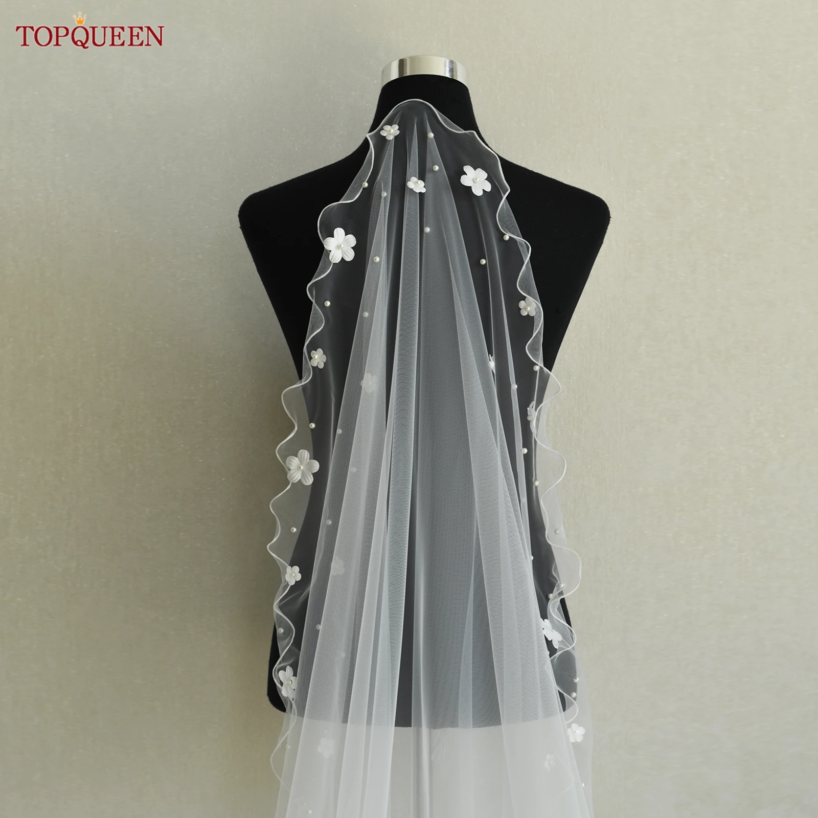 

TOPQUEEN V217a Flower Bride Veil Cathedral Long Lace Wedding Veil Luxurious Elegant White Pale White No Comb Customizable
