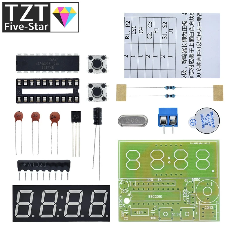 TZT AT89C2051 Digital LED Display 4 Bits Electronic Clock Electronic Production Suite DIY Kit 0.56 Inch Red Two Alarm