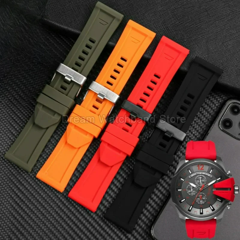 Varied Colors Available Black Green Red Orange Gray Exquisite Silicone Watchband for Diesel DZ4496/7333/4343/4318 26mm Flat End
