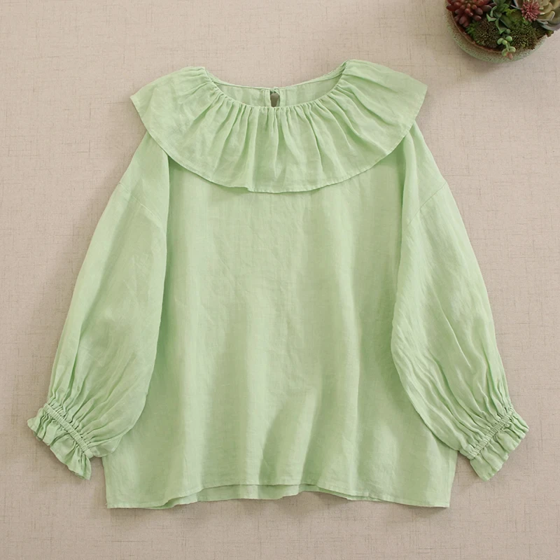 Spring Sweet Mori Girl Ruffles Collar Solid Candy Color Cotton Shirt Women Long Sleeve Casual Loose Blouse Tops