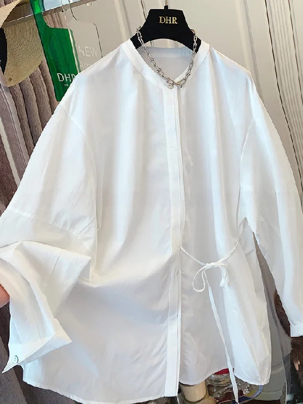 

plus Size Women's Long Sleeve Shirt Casual Thin round Neck Pure Color Spring Summer Lightweight Sun Protection Casual Shirt