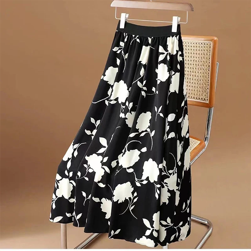 2022 Summer New Elegant Fashion All-match A-line Skirt Women High Waist Printed Aesthetic Chic Chiffon Drape Pleated Lady Skirt