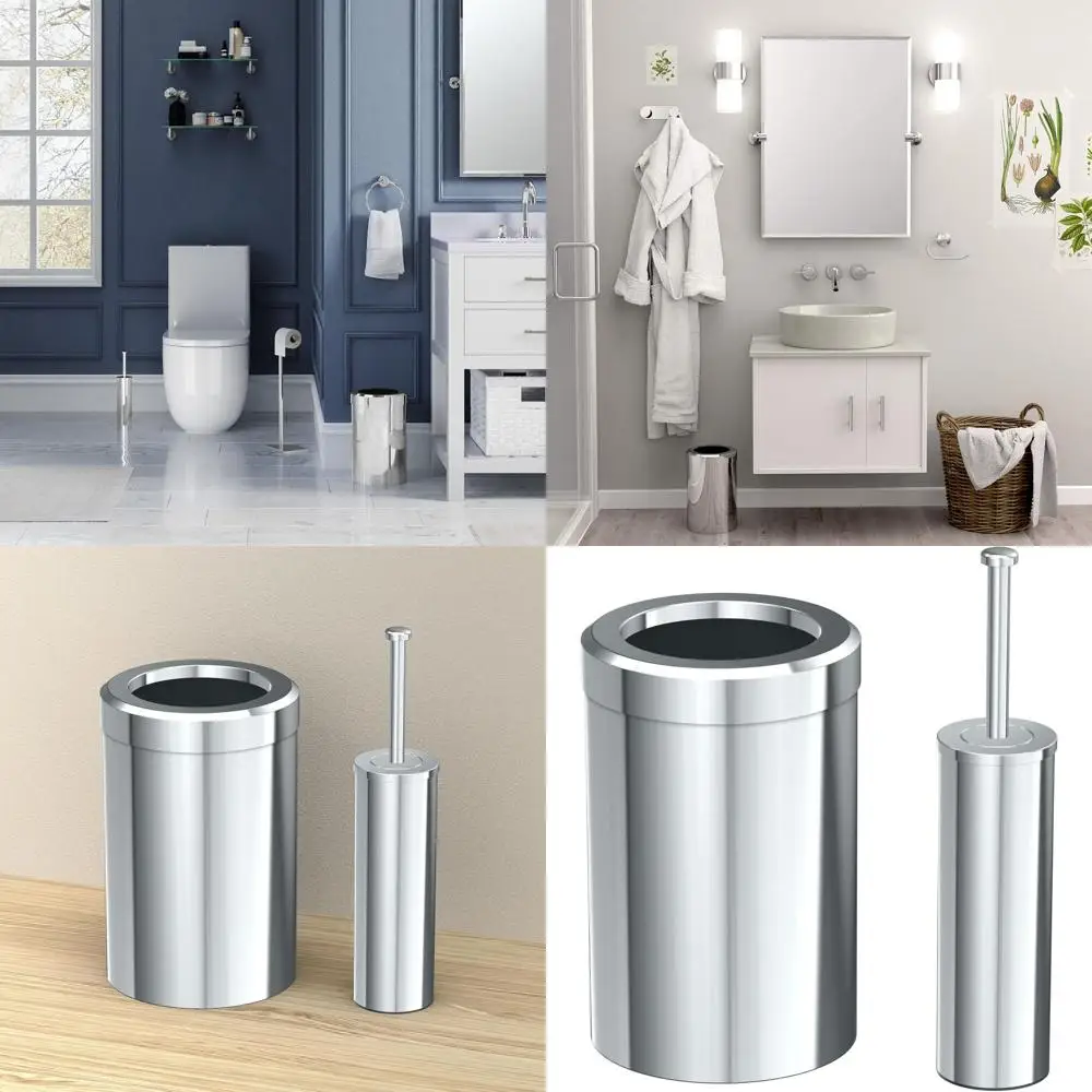 

ern Round Waste Basket and Toilet Brush Set, Chrome - StainlSteel Trash Can with Removable Lid, Leakproo, 3 Gallon acity or Bath