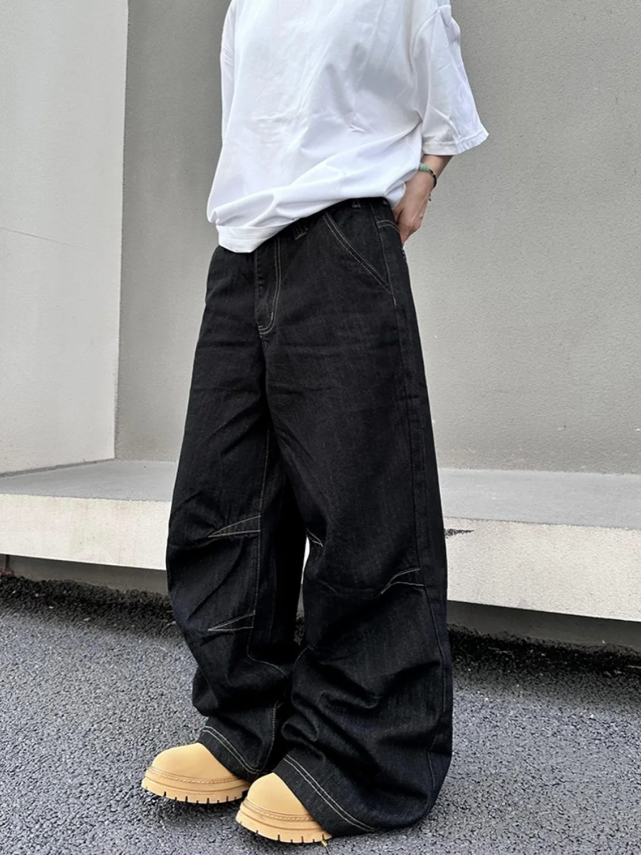 

New American Retro Street Sle Loose Casual Wide Leg Jeans Men's Bla Denim Pants Versatile Faionable Straight Cut Trousers