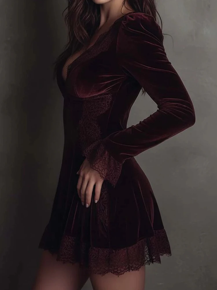 Women Sexy Long Petal Sleeve Chic Mini Dress, Holiday Autumn Winter Deep V Neck Party Dress, Lace Patchwork Elegant Ladies Dress