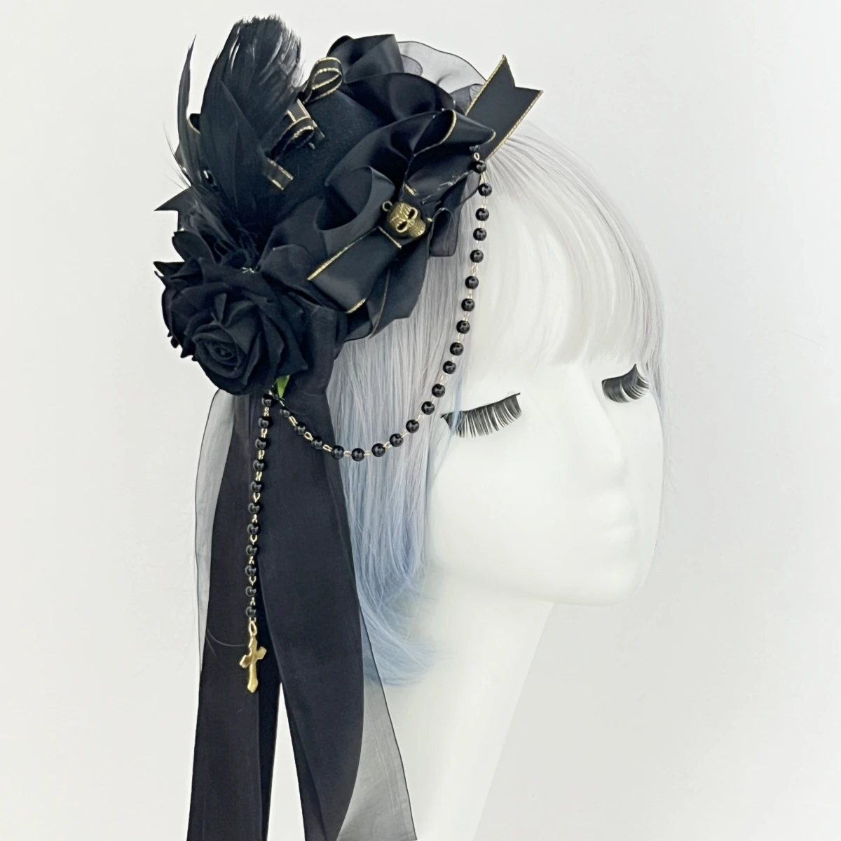 フェザー ゴスロリ 黒帽子 フラワーボール バレッタ ロリータ ヘッドドレス ローズ ロリータ ヘアアクセサリー