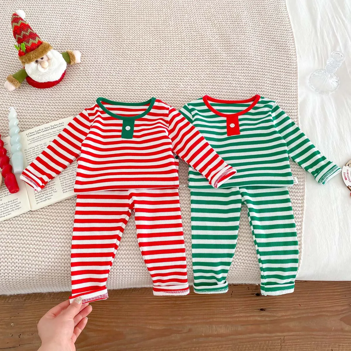 Christmas 2024 Baby Girls Pajamas Autumn Winter Striped Long Sleeve Two Piece Bottom Shirt Set For Girls Toddler Girl Sleepwears