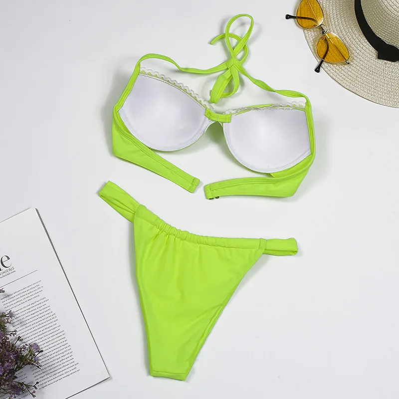 Sexy Push Up Swimwear Thong Bikini 2024 Women Neon Yellow Swimsuits Swimming Bathing Suit Brazilian Bikinis Set Mujer Biquini